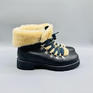 J Crew Boots Womens 8 Black Leather Shearling Lined Ankle Hiking Outdoor Winter